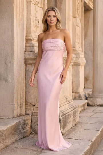 Elegant Column Strapless Ruched Satin Floor Length Formal Bridesmaid Gown