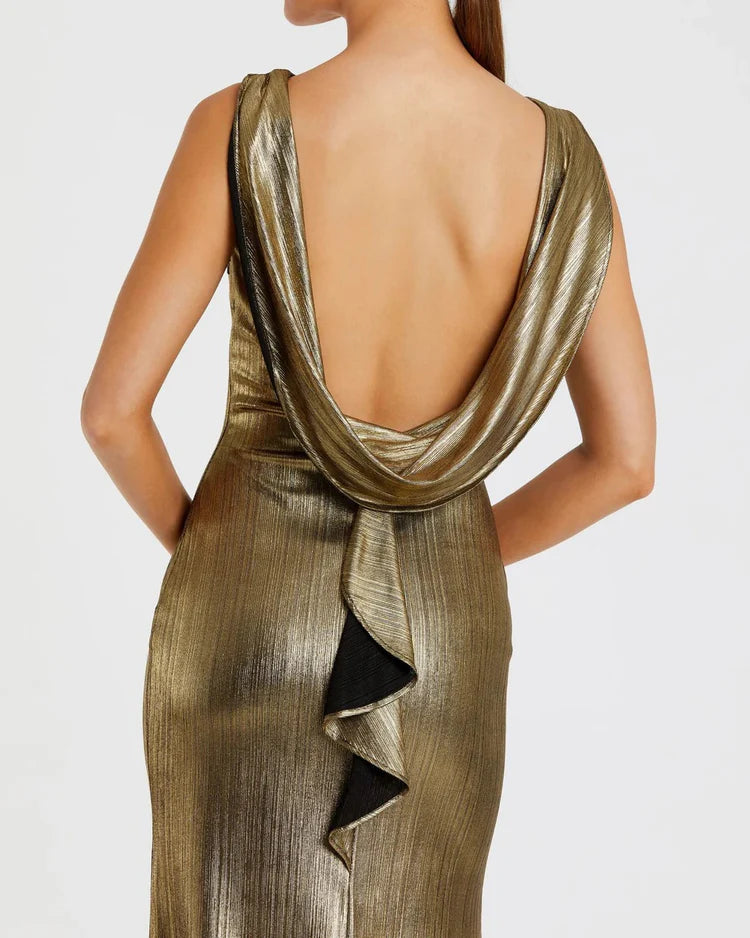 Sheath/Column Formal Evening Dress Metallic Cowl Back Shimmer Maxi Gown