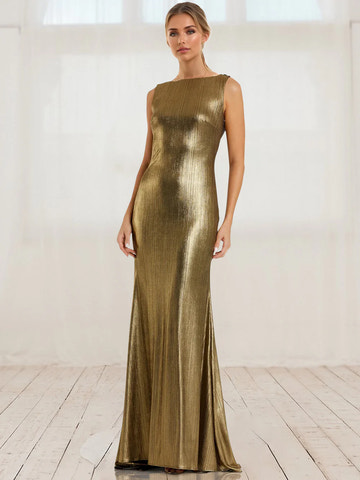 Sheath/Column Formal Evening Dress Metallic Cowl Back Shimmer Maxi Gown