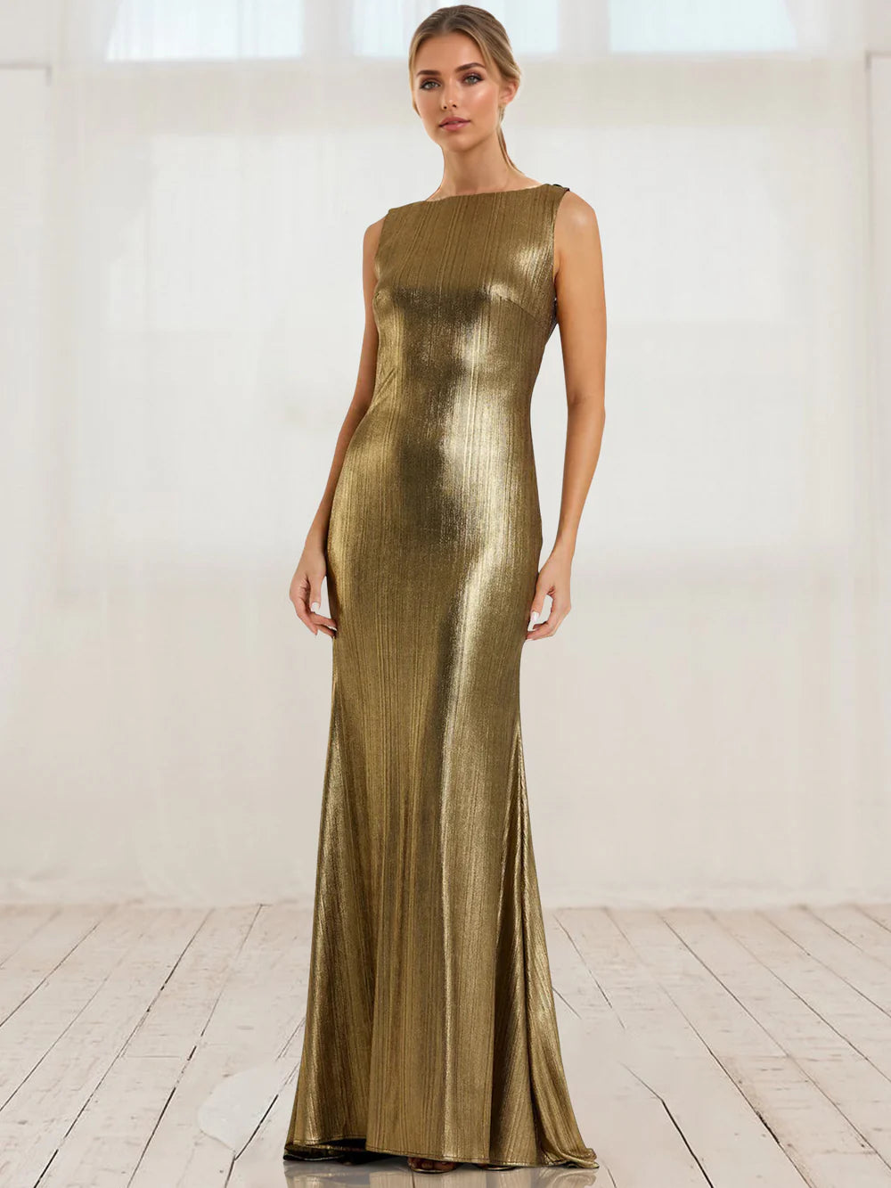 Sheath/Column Formal Evening Dress Metallic Cowl Back Shimmer Maxi Gown