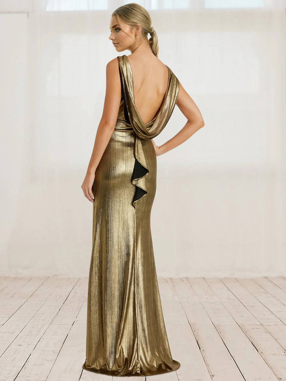 Sheath/Column Formal Evening Dress Metallic Cowl Back Shimmer Maxi Gown
