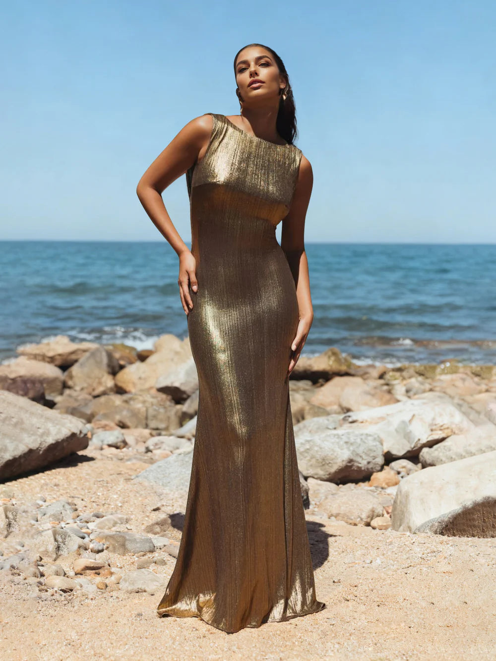 Sheath/Column Formal Evening Dress Metallic Cowl Back Shimmer Maxi Gown