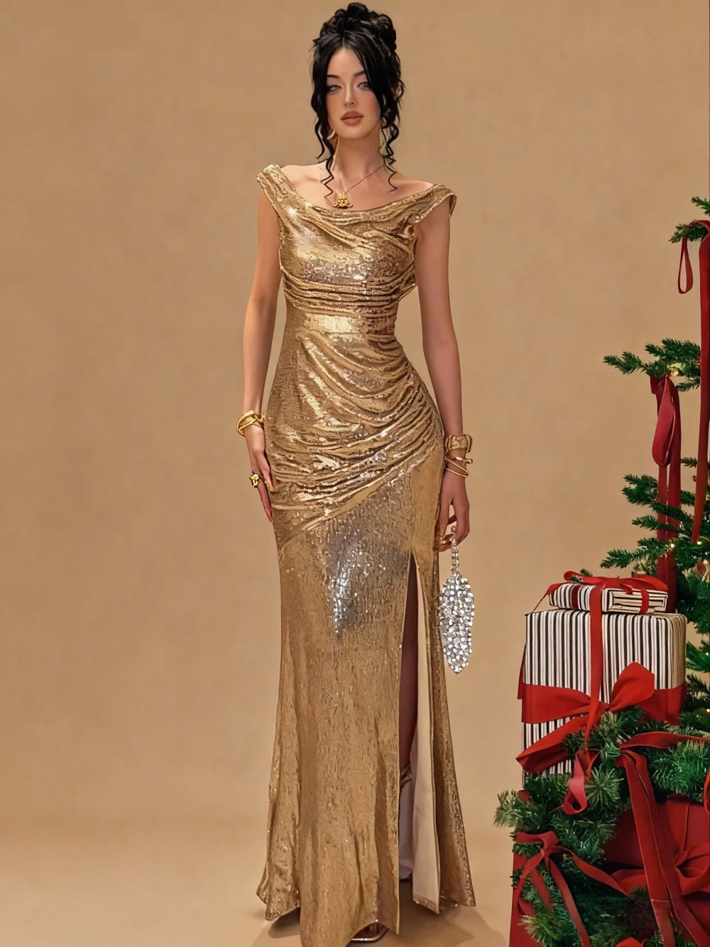 Mermaid Off Shoulder Sequins Evening Dress Sparkle Christmas Party Gown