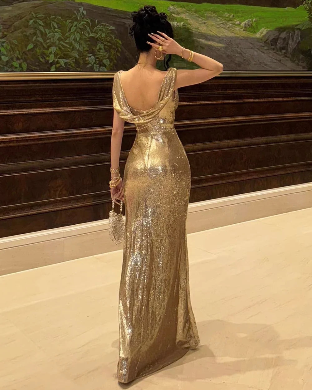 Mermaid Off Shoulder Sequins Evening Dress Sparkle Christmas Party Gown