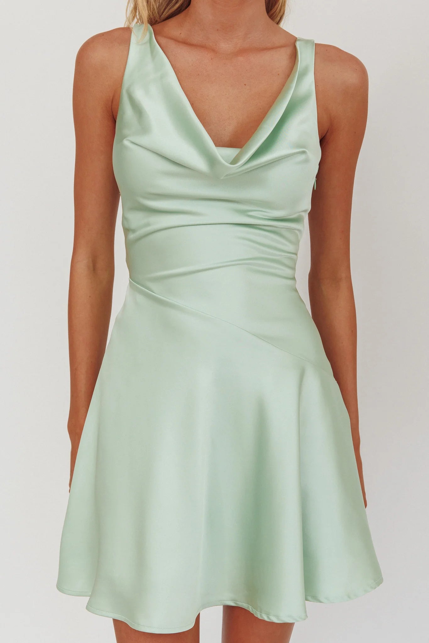 Cowl Neck Sleeveless Satin Mini Party Dress With Tie Open Back
