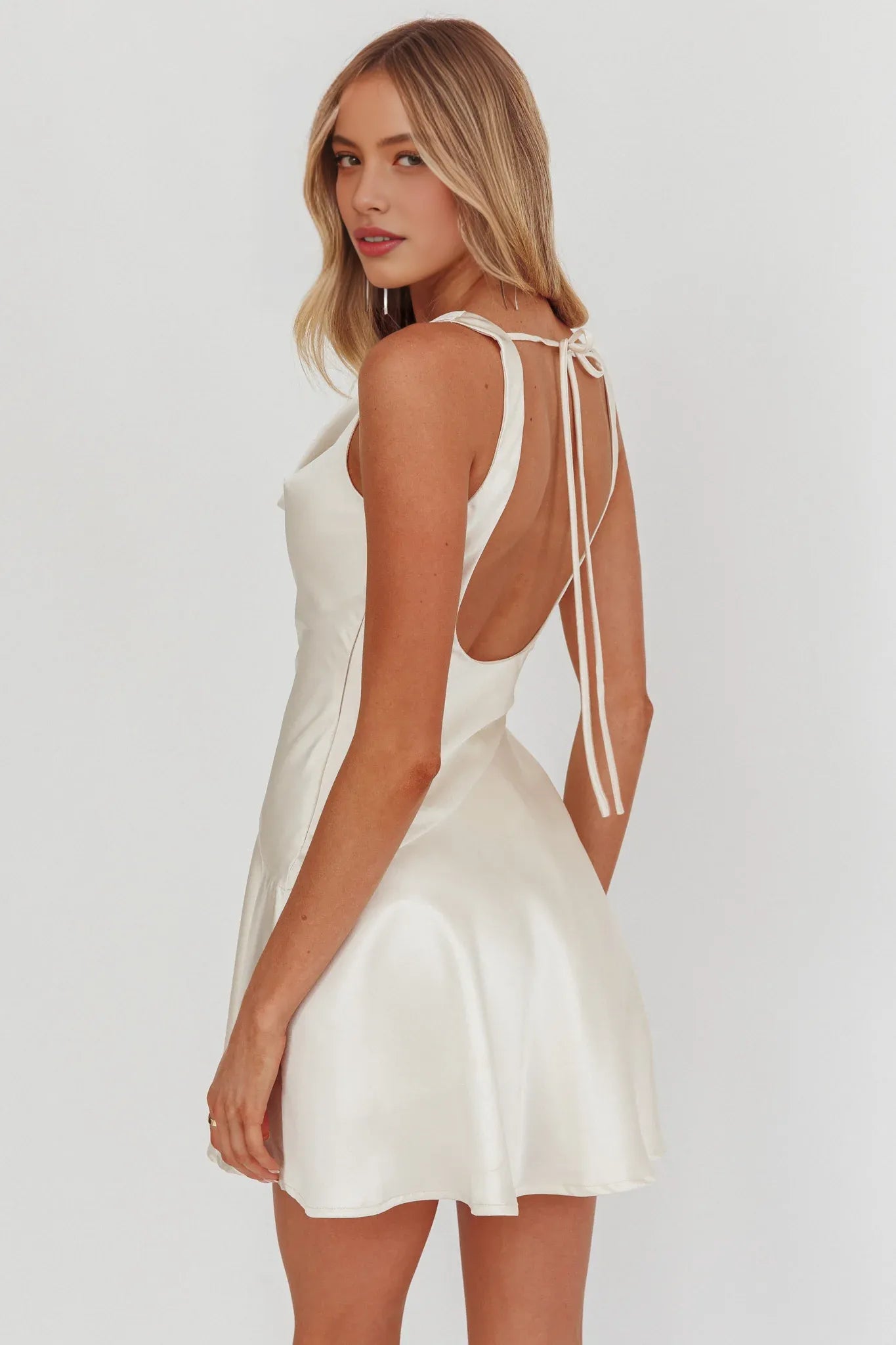 Cowl Neck Sleeveless Satin Mini Party Dress With Tie Open Back