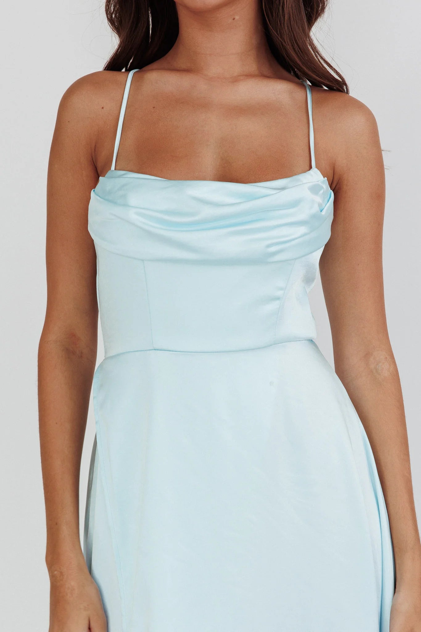 Cowl Neck Spaghetti Strap Satin Maxi Wedding Guest Dress With Slit Open Back