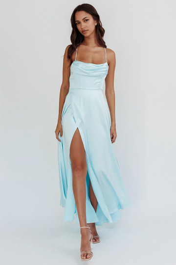 Cowl Neck Spaghetti Strap Satin Maxi Wedding Guest Dress With Slit Open Back