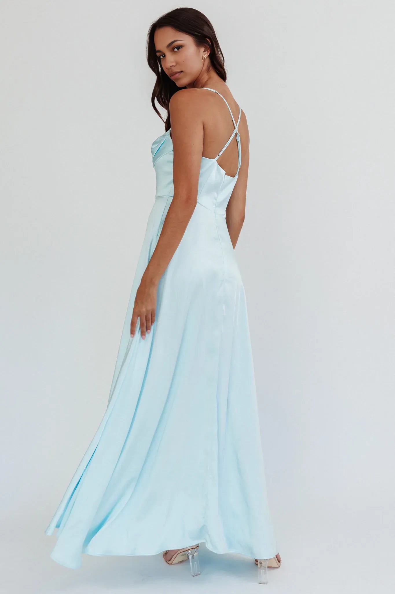 Cowl Neck Spaghetti Strap Satin Maxi Wedding Guest Dress With Slit Open Back