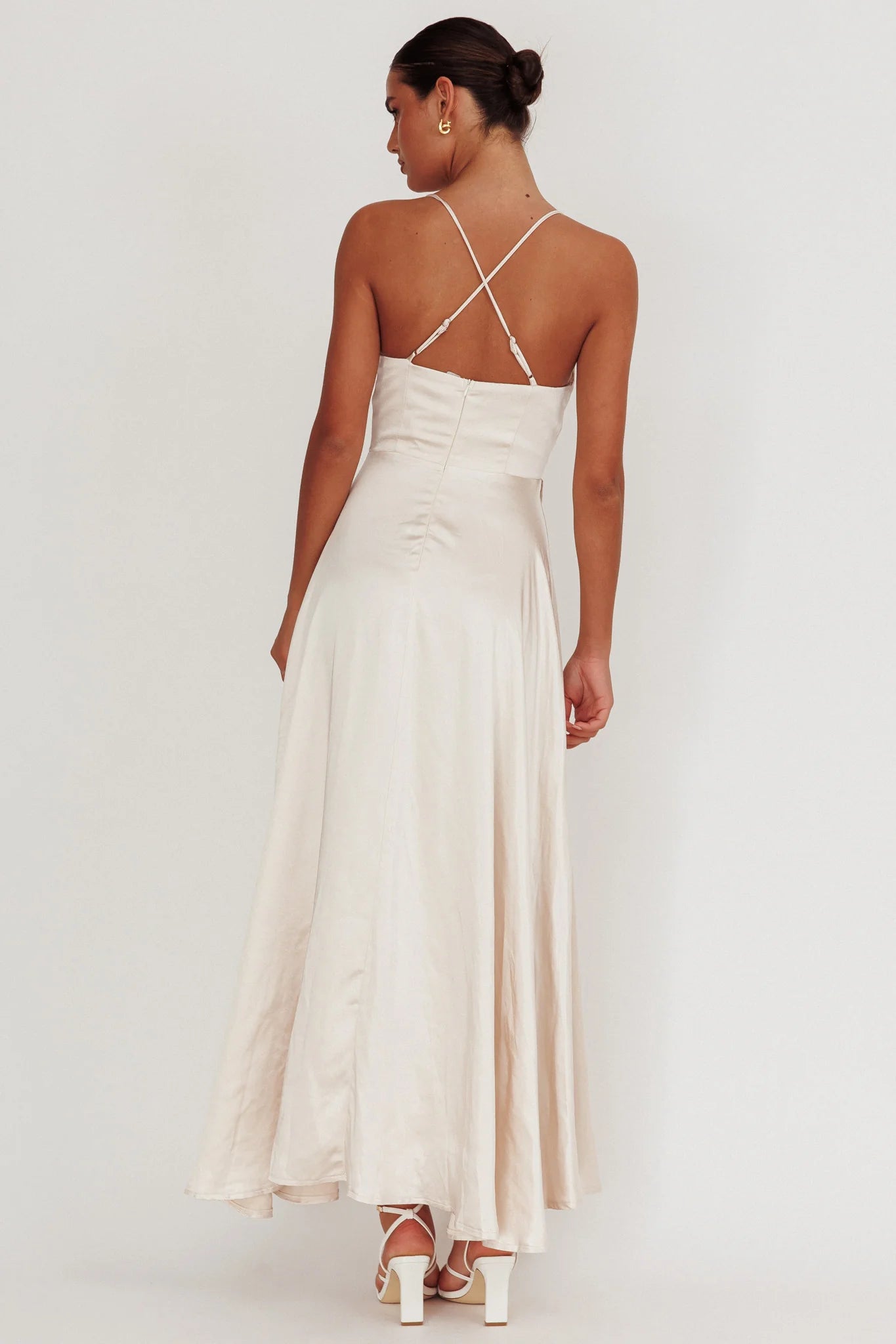 Cowl Neck Spaghetti Strap Satin Maxi Wedding Guest Dress With Slit Open Back
