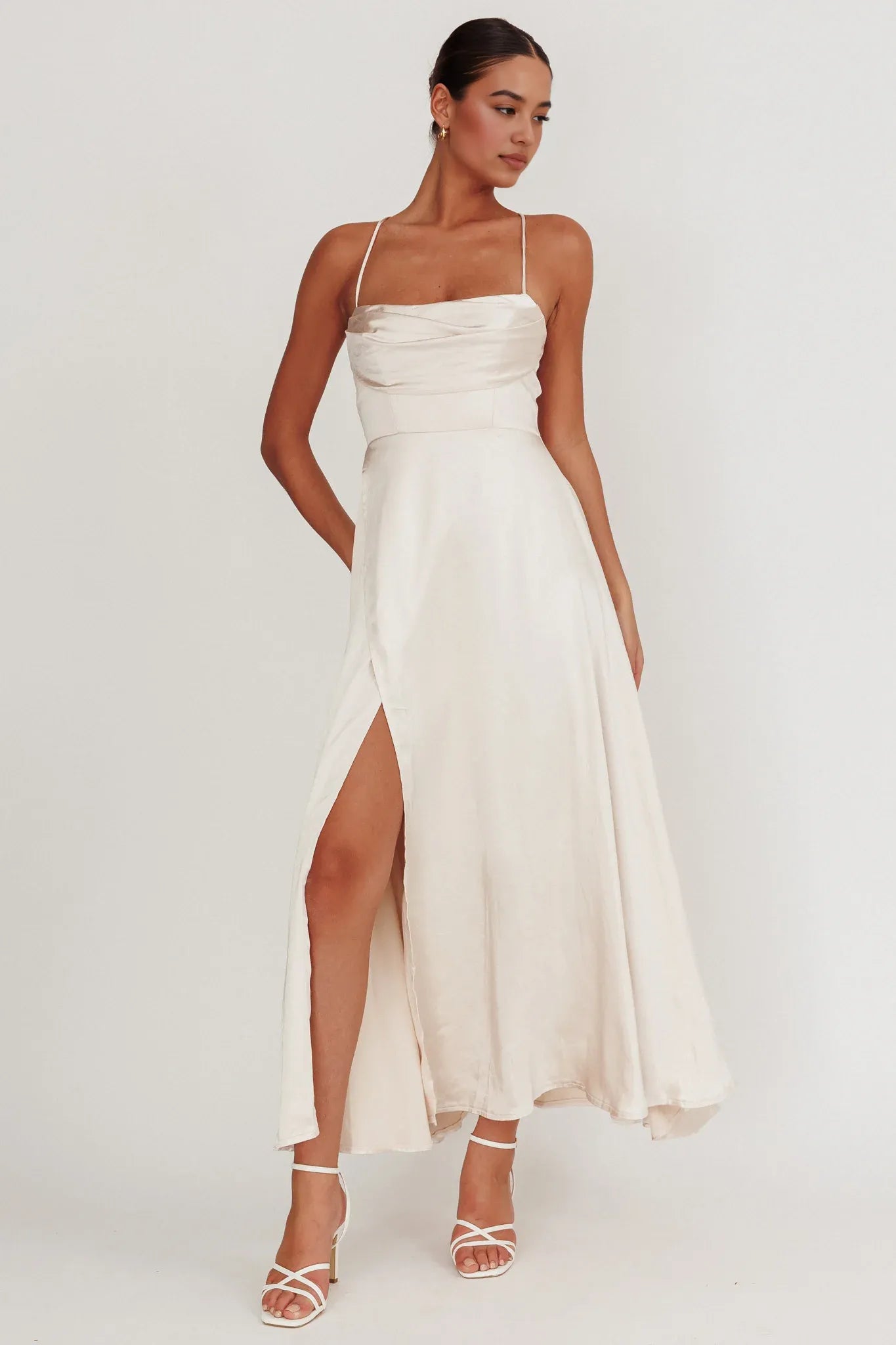 Cowl Neck Spaghetti Strap Satin Maxi Wedding Guest Dress With Slit Open Back