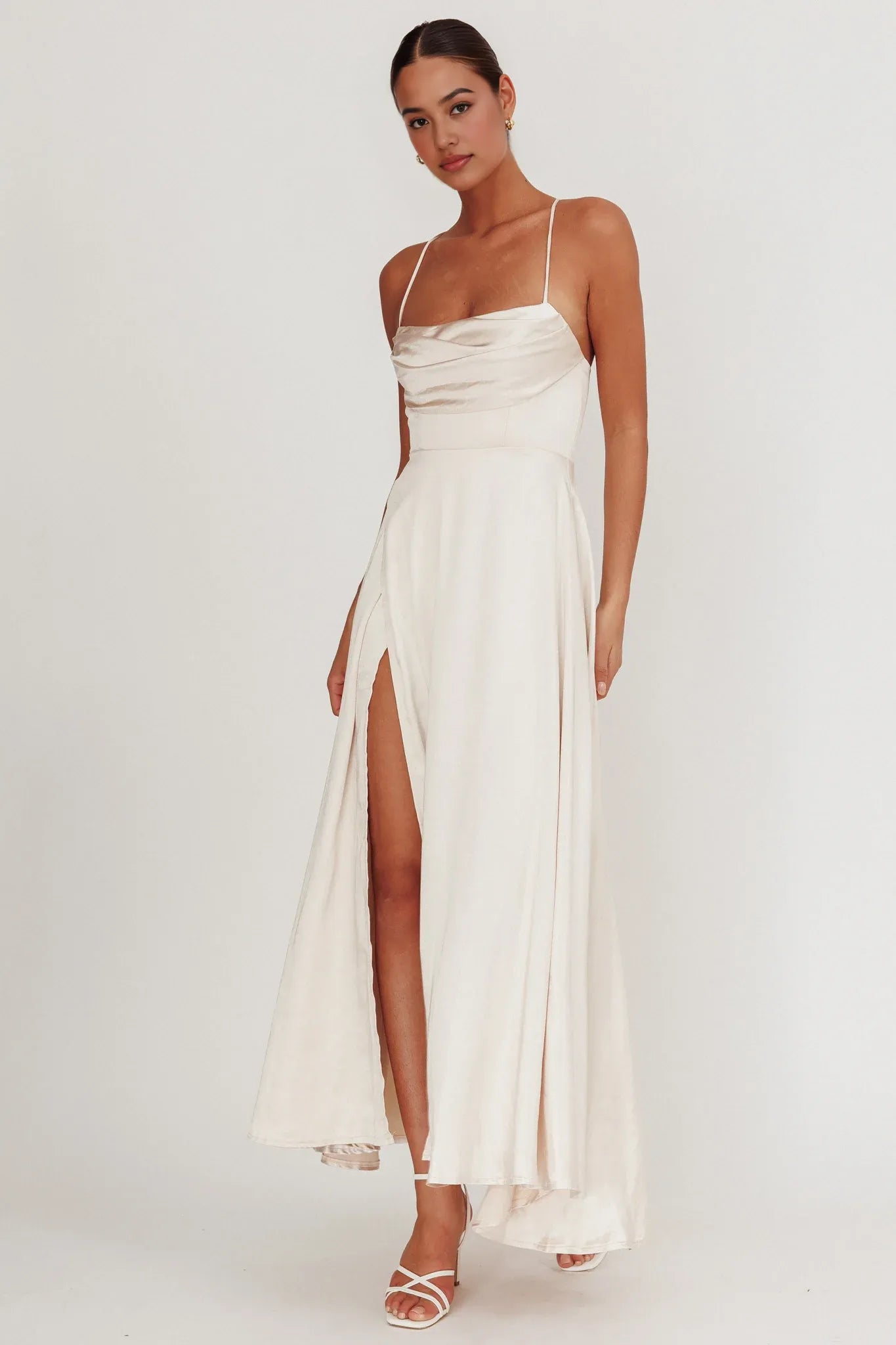 Cowl Neck Spaghetti Strap Satin Maxi Wedding Guest Dress With Slit Open Back