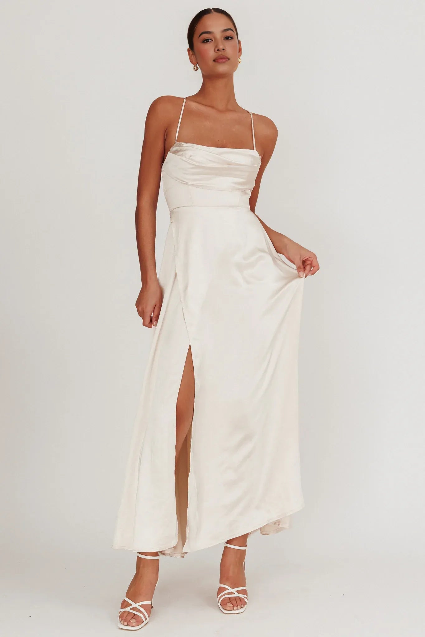 Cowl Neck Spaghetti Strap Satin Maxi Wedding Guest Dress With Slit Open Back