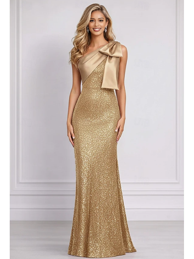 Radiant Fuchsia Sheath One-Shoulder Sleeveless Sequin Bow Prom Gown