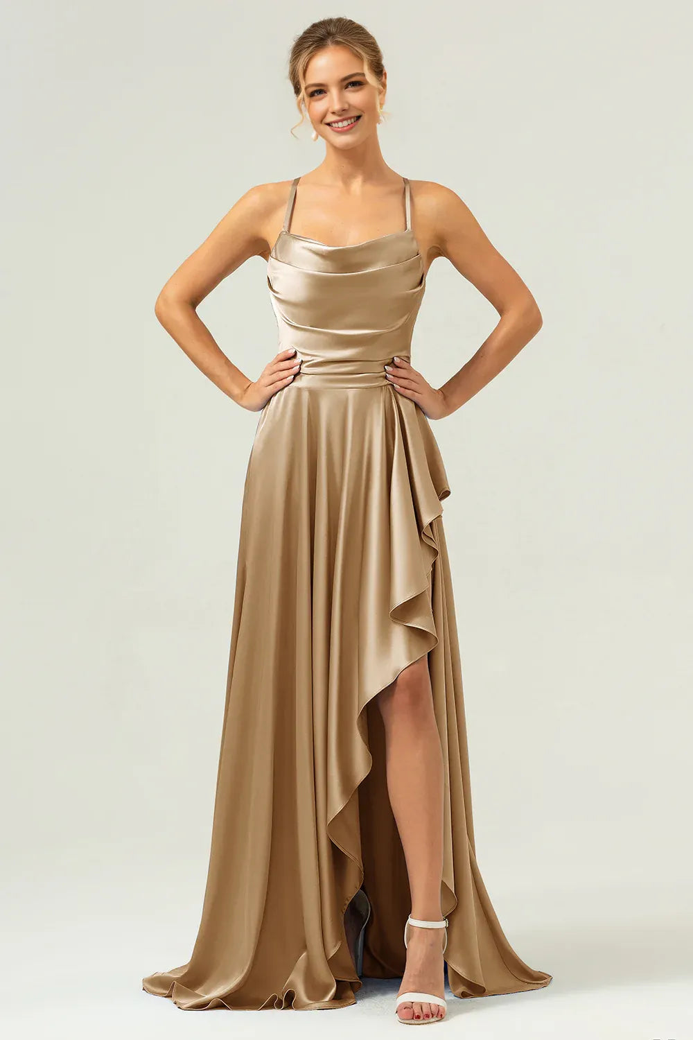 Graceful A-Line Cowl Neck Sleeveless Satin Ruffle Wedding Guest Dress High-Slit Evening Gown