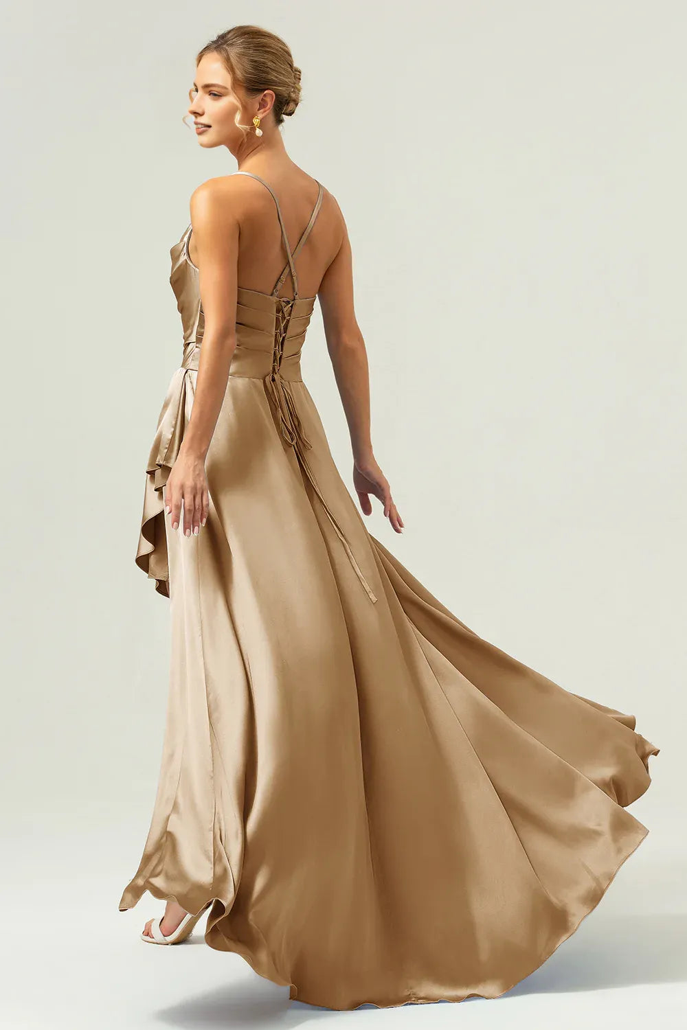 Graceful A-Line Cowl Neck Sleeveless Satin Ruffle Wedding Guest Dress High-Slit Evening Gown