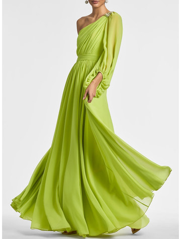 Radiant Lime Green A-Line One-Shoulder Long Sleeve Chiffon Pleated Bridesmaid Gown