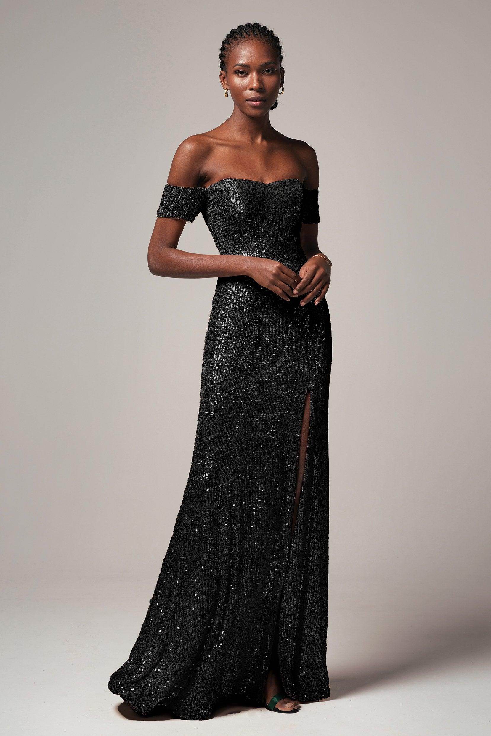 Radiant Sheath-Column Sweetheart Off-Shoulder Sequin Slit Evening Dress