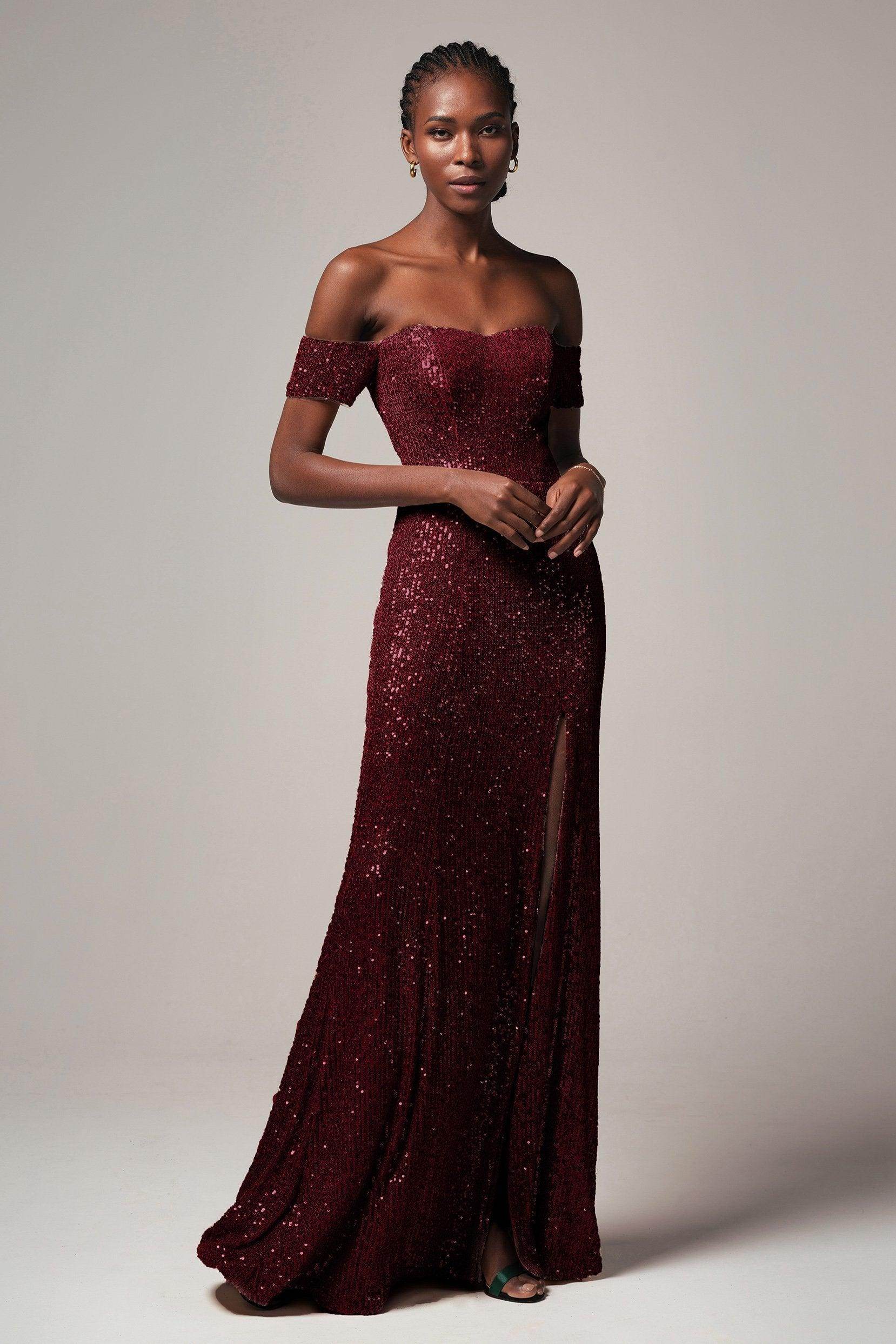 Radiant Sheath-Column Sweetheart Off-Shoulder Sequin Slit Evening Dress