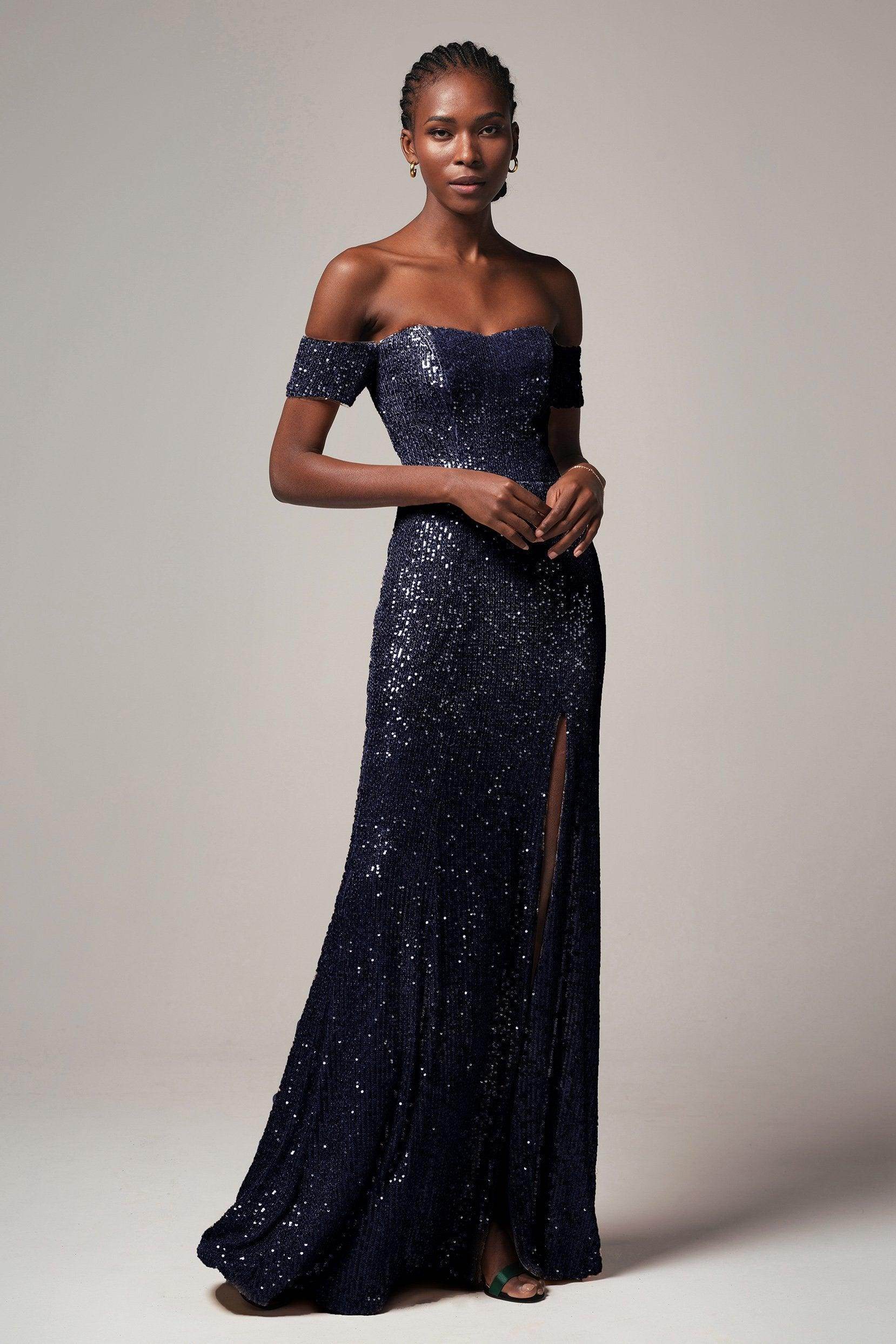 Radiant Sheath-Column Sweetheart Off-Shoulder Sequin Slit Evening Dress