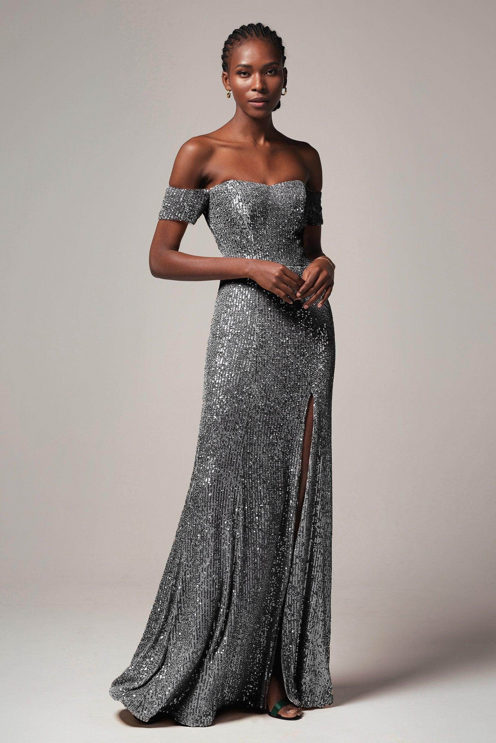 Radiant Sheath-Column Sweetheart Off-Shoulder Sequin Slit Evening Dress