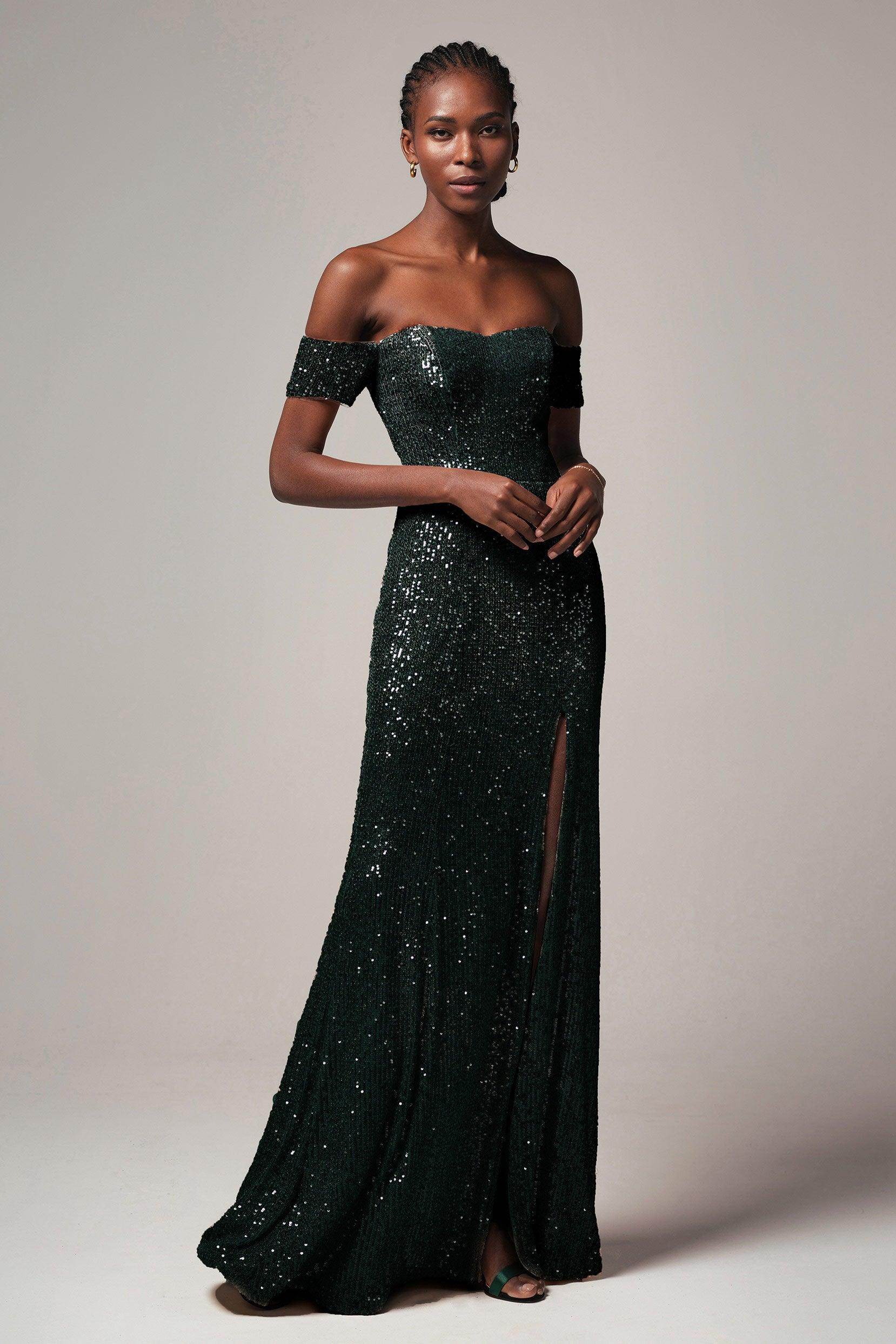 Radiant Sheath-Column Sweetheart Off-Shoulder Sequin Slit Evening Dress