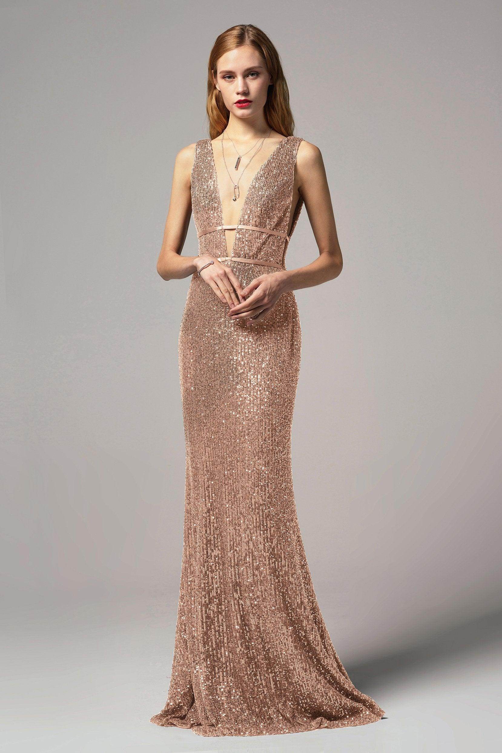 Sleek Sheath Trumpet Plunge Neck Sleeveless Sequin Open-Back Evening Dress