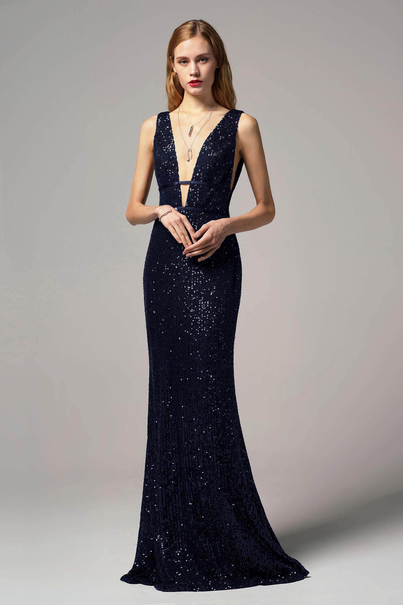 Sleek Sheath Trumpet Plunge Neck Sleeveless Sequin Open-Back Evening Dress