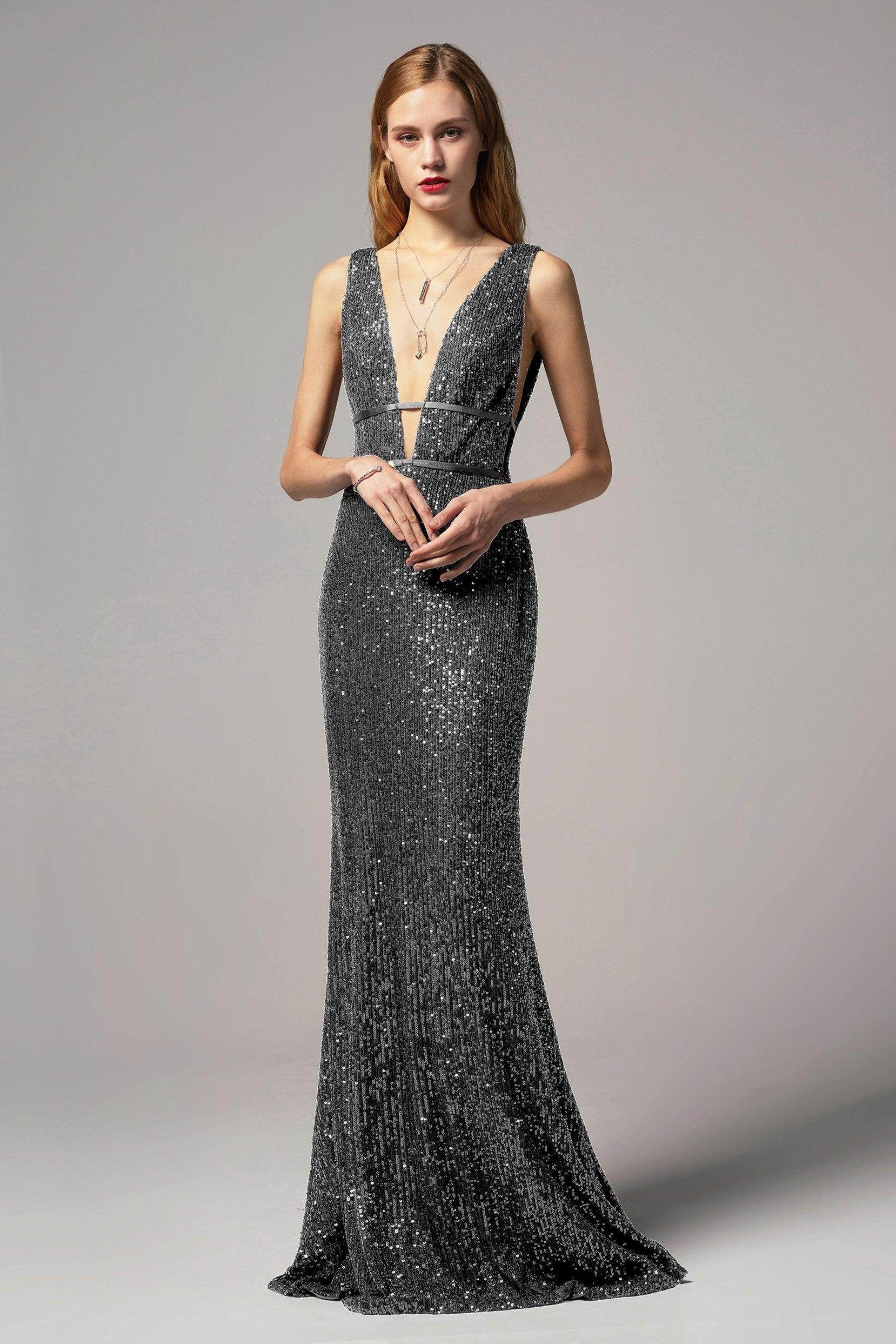 Sleek Sheath Trumpet Plunge Neck Sleeveless Sequin Open-Back Evening Dress
