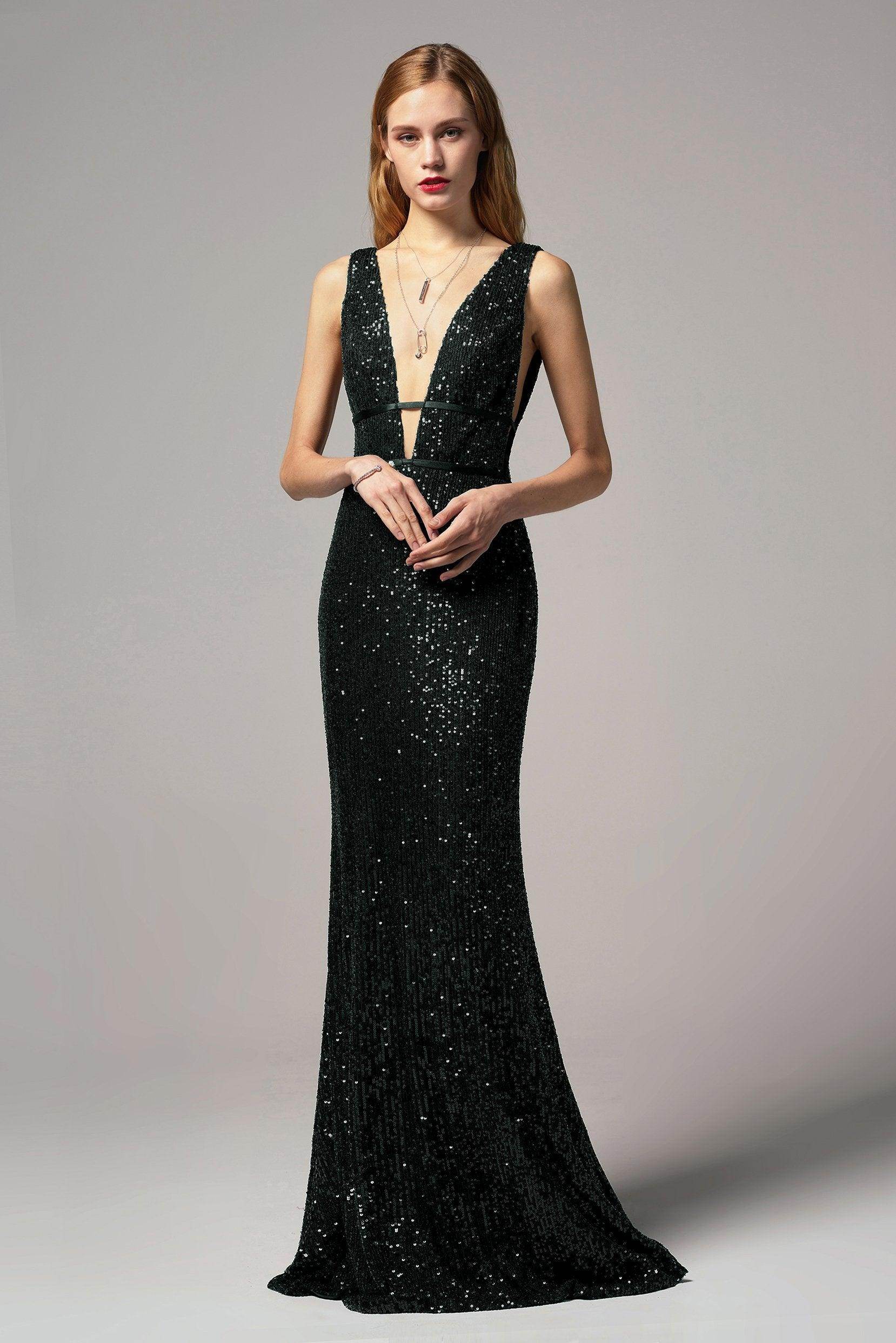Sleek Sheath Trumpet Plunge Neck Sleeveless Sequin Open-Back Evening Dress