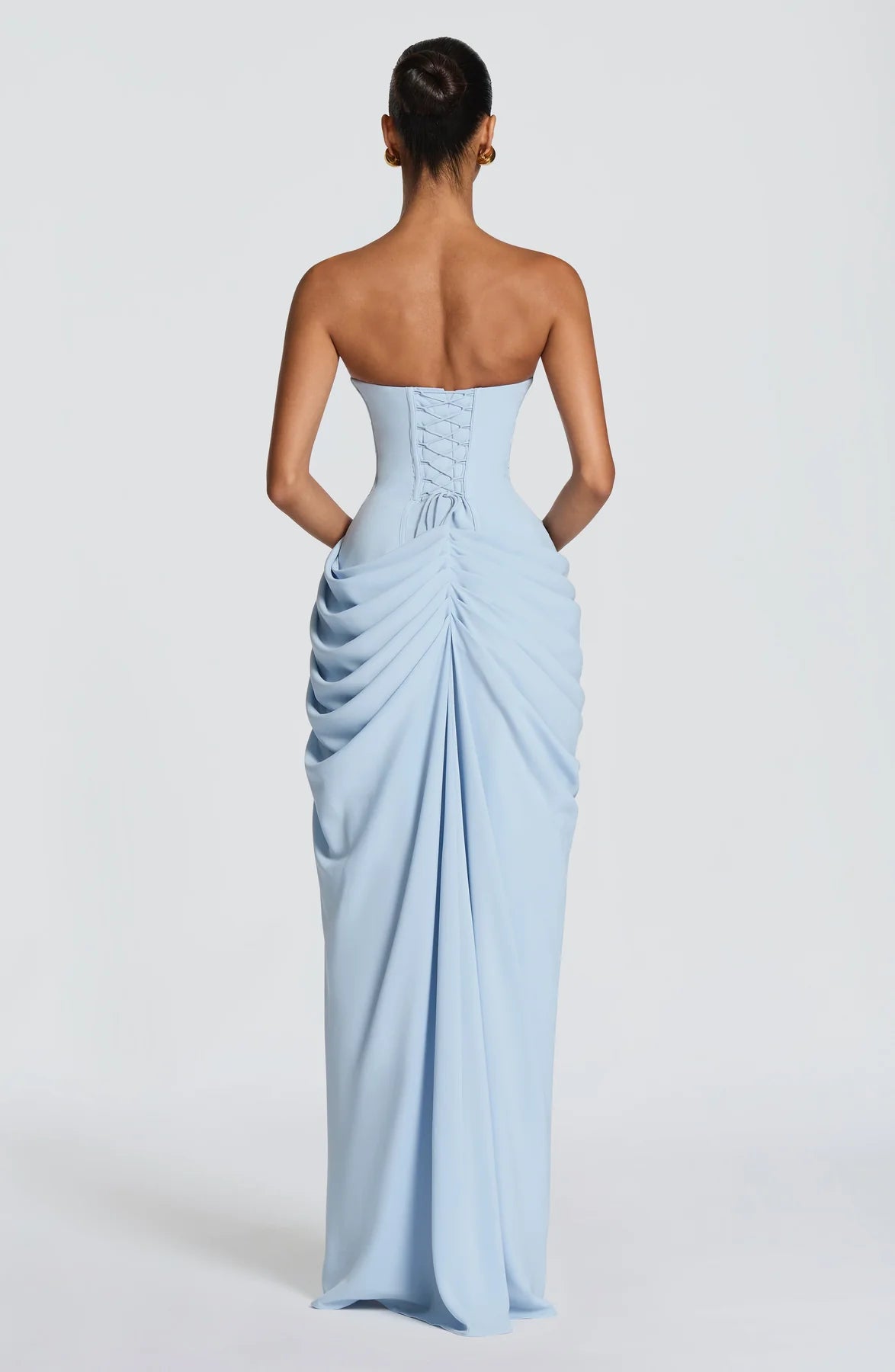 Light Blue Asymmetrical Strapless Draped High-Slit Lace-up Maxi Dress - Corset Back Formal Evening Gown
