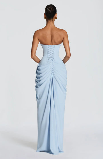 Light Blue Asymmetrical Strapless Draped High-Slit Lace-up Maxi Dress - Corset Back Formal Evening Gown