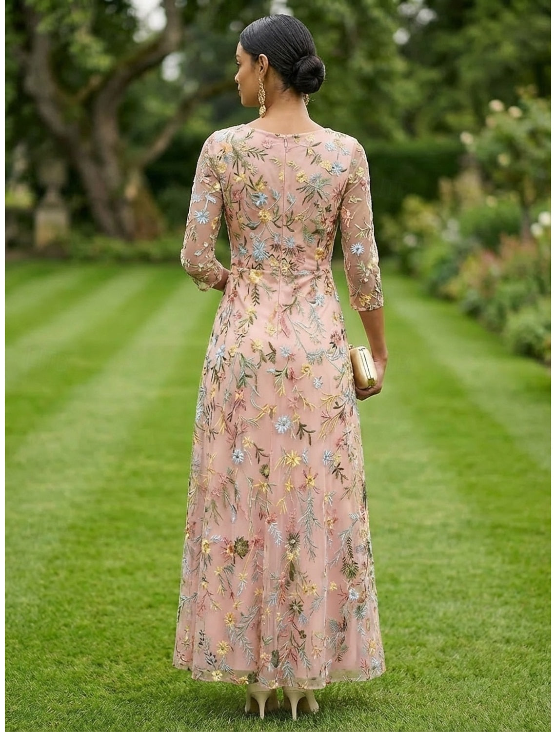 V-Neck 3/4 Sleeve Floral Embroidered Tulle Ankle-Length Mother of the Bride Evening Dress