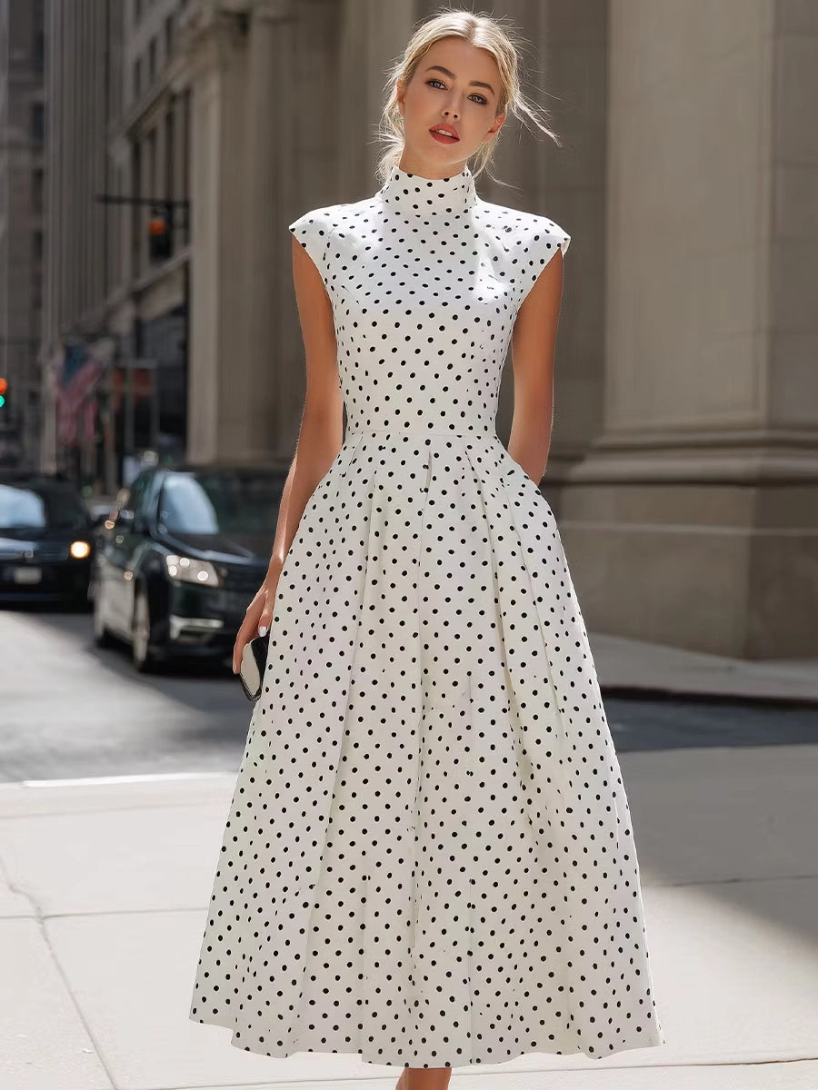 Polka Dot A-line High Neck Cap Sleeve Zipper Back Midi Wedding Guest Dress