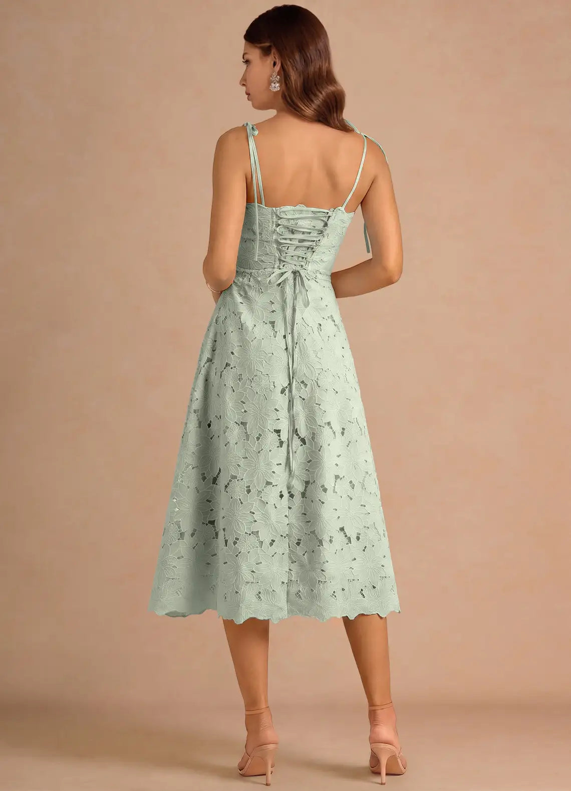 Romantic Aline Straight Sleeveless Lace Midi Cocktail Dress TieStrap Laceup Bridesmaid Dress