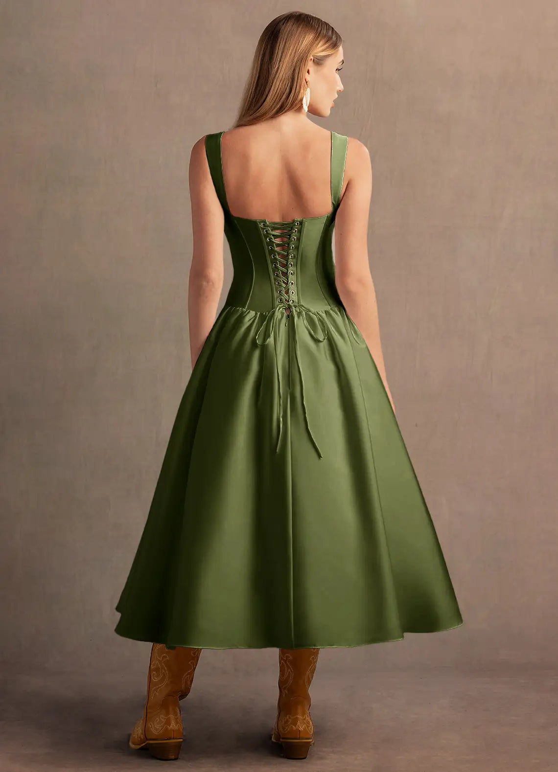 Aline Sweetheart Sleeveless Satin Midi Length Split Laceup Corset Dropped Waist Party Dress