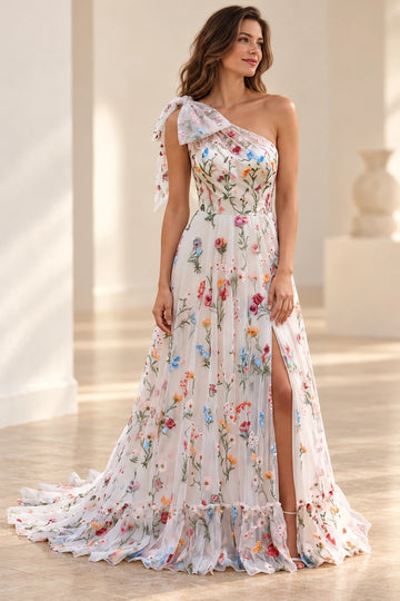 Vedress floral embroidered tulle prom dress with a one-shoulder bow, A-line skirt, high side slit and ruffled hem, front view