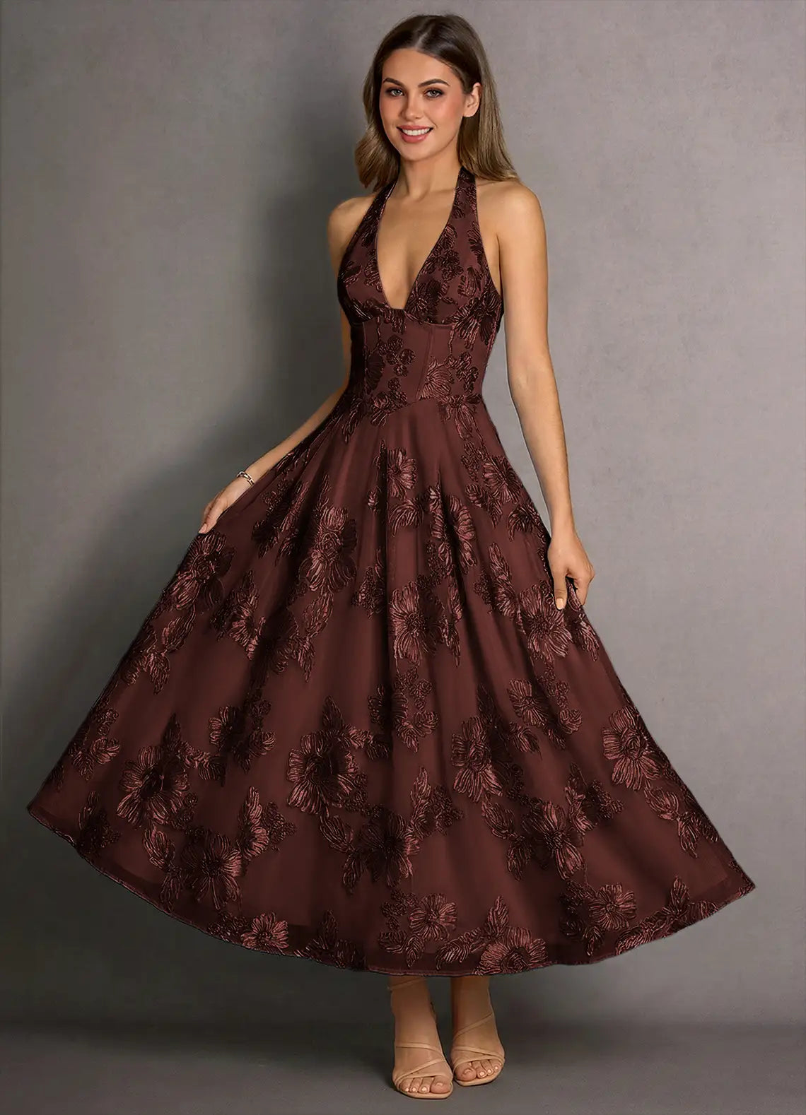 Romantic A-line Halter Sleeveless Lace Midi Lace-up Back Wedding Guest Dress