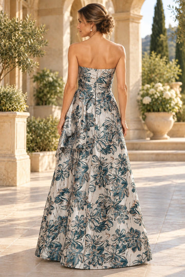 Dark green floral mother of the bride gown with straight strapless back, center zipper closure, fitted waist and flowing floor-length A-line skirt, back view.