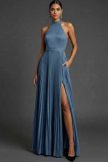 Refined A Line Halter Neck Sleeveless Open Back Floor Length Bridesmaid Dress