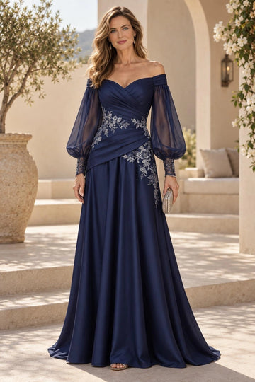 Dark navy A-line mother of the bride dress featuring off-shoulder sweetheart neckline, sheer bishop sleeves, floral embroidered waist and floor-length skirt