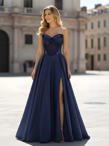 Dark navy sweetheart strapless prom dress with sparkling corset bodice and high slit