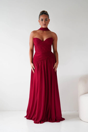 Dark red strapless sweetheart floor length wedding guest dress with ruched bodice by Vedress