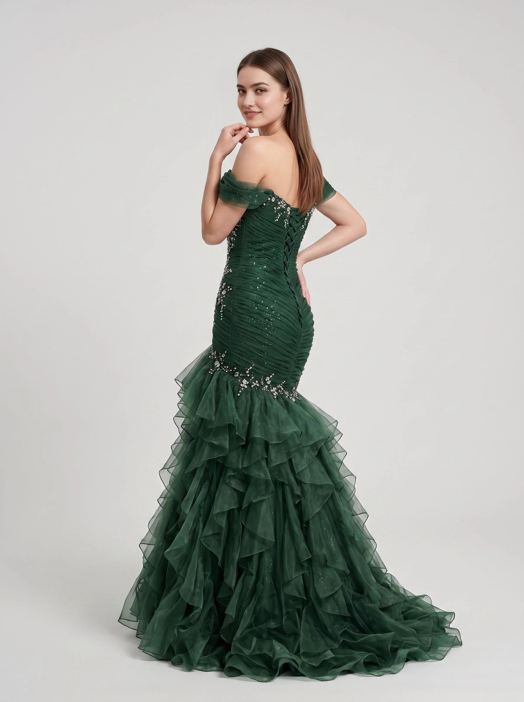 Dark green mermaid long evening dress with sweetheart neck off‑shoulder tulle sleeves sparkling beadwork lace‑up back from Vedress