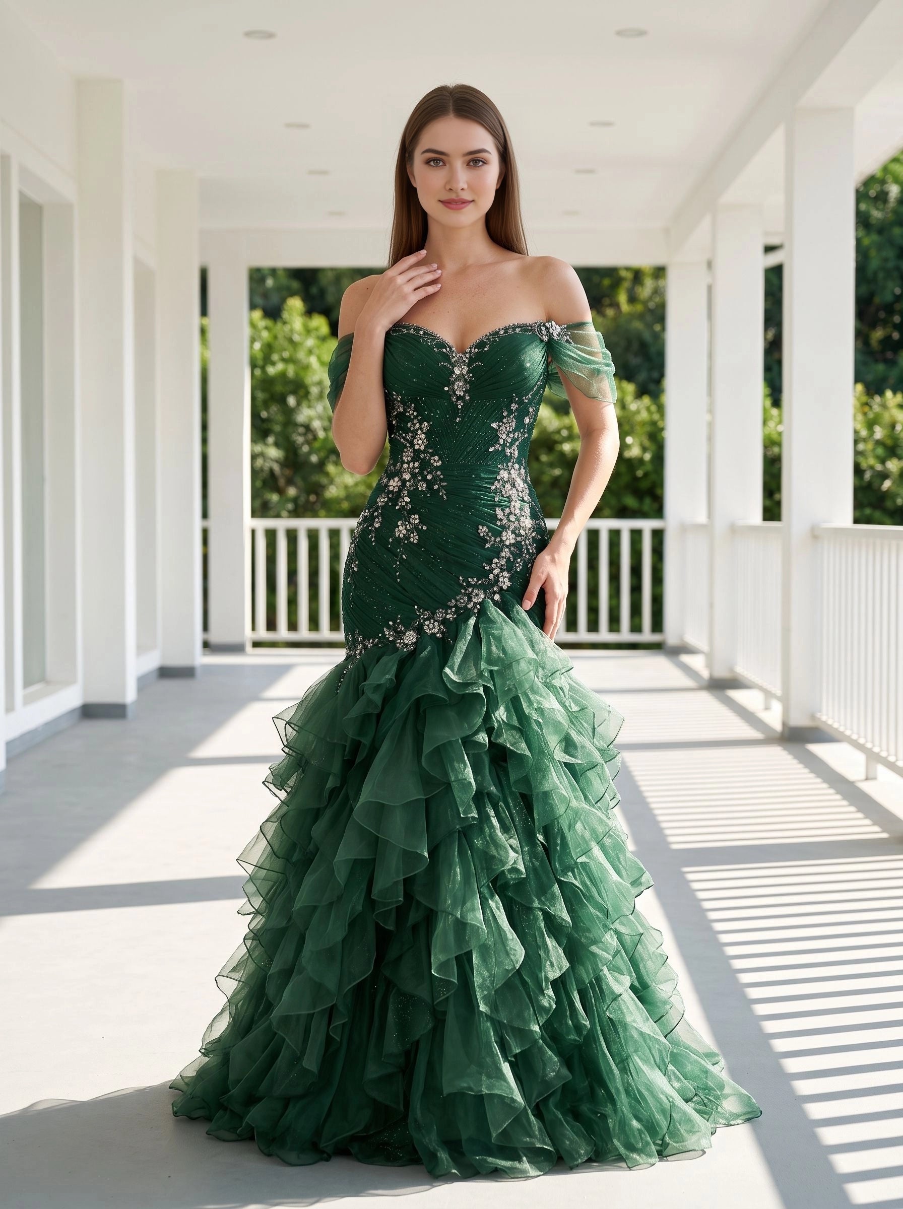 Dark green mermaid long evening dress with sweetheart neck off‑shoulder tulle sleeves sparkling beadwork lace‑up back from Vedress