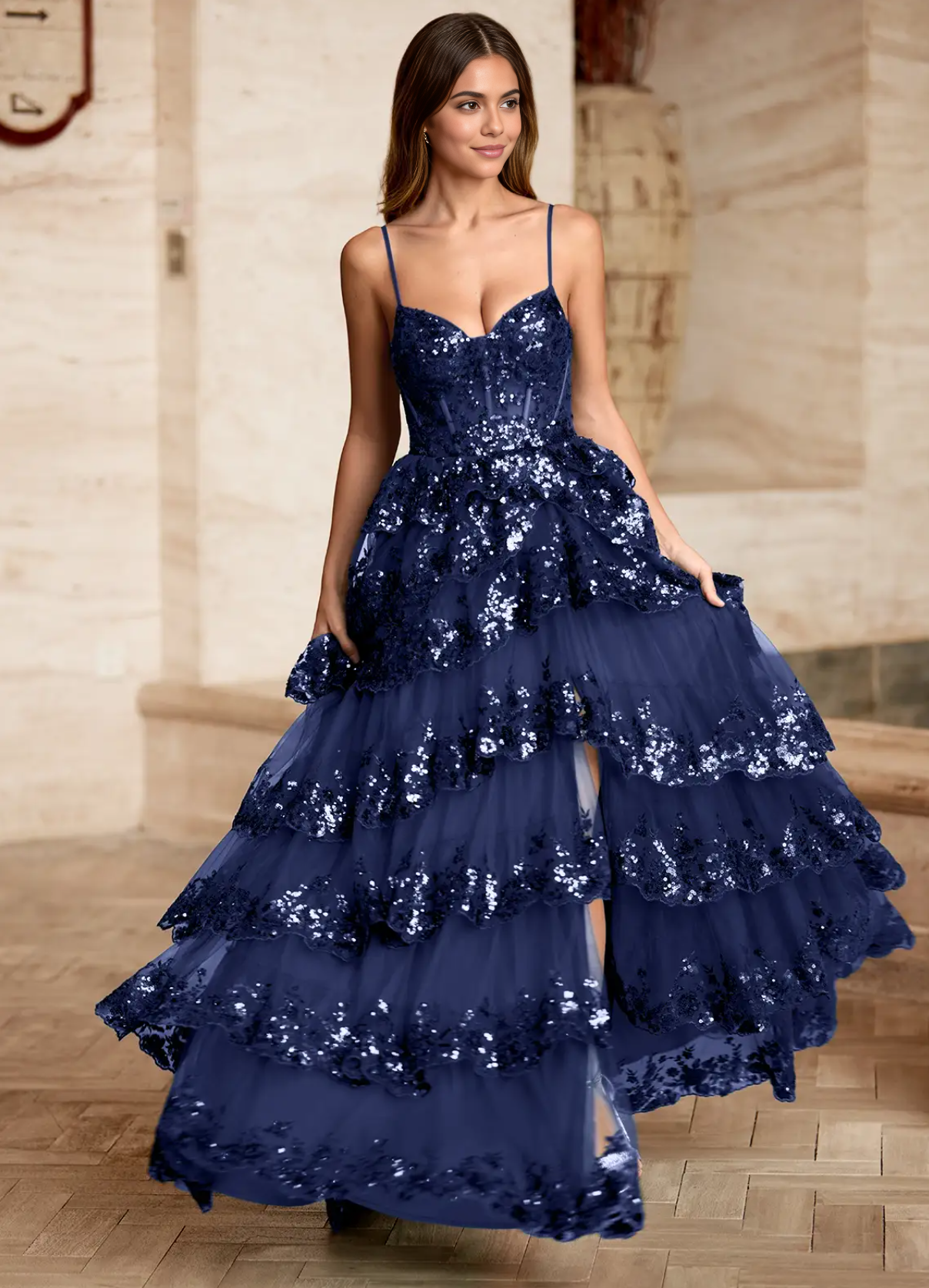 Black Statement A-Line Sweetheart Spaghetti Strap Sequin Tiered Ruffle Prom Gown
