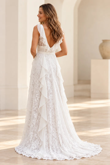 Vedress lace wedding dress with a ruffle-trimmed deep V-back, central zipper, waterfall skirt ruffles and sweep train, back view