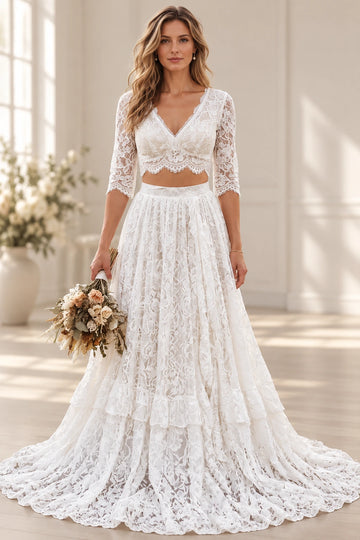 Vedress two-piece floral lace wedding dress with a V-neck crop top, three-quarter sleeves and a ruffled A-line skirt, front view