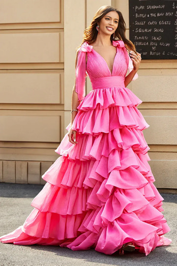 Vestido de fiesta con escote en V profundo, falda princesa en línea A, lazo, volantes en capas y abertura hasta el suelo