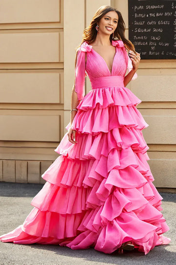 A-Line Princess Deep V Neck Bow Tiered Floor Length Prom Gown With Slit